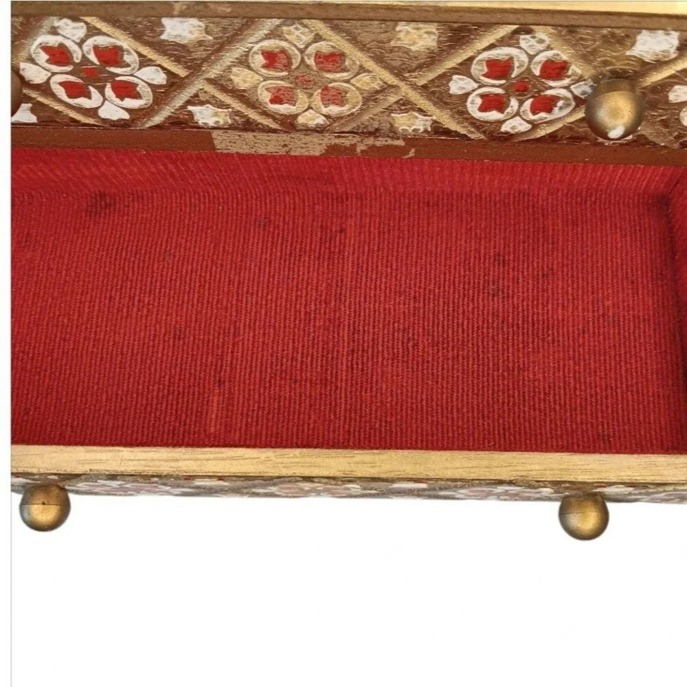Vintage MELE Jewel Case Red & Gold Gilt Wood Jewelry Box Florentine Style Japan